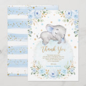 Cute Elephant Blue Gold Moon Stars Boy Baby shower Bedankkaart (Voorkant / Achterkant)
