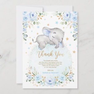 Cute Elephant Blue Gold Moon Stars Boy Baby shower Bedankkaart