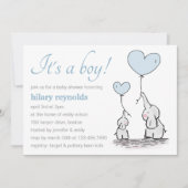 Cute Elephant Blue Heart Balloons Boy Baby shower Kaart (Voorkant)