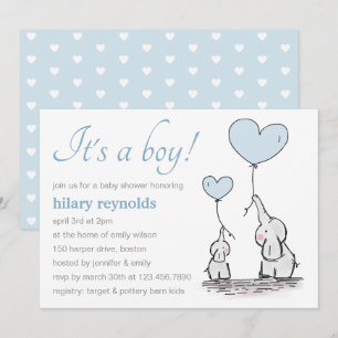 Cute Elephant Blue Heart Balloons Boy Baby shower Kaart