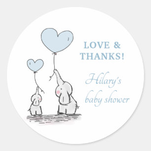 Cute Elephant Blue Heart Balloons Boy Baby shower Ronde Sticker