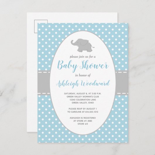 Cute Elephant Blue Polka Dot Boy Baby shower Uitnodiging Briefkaart (Voorkant / Achterkant)