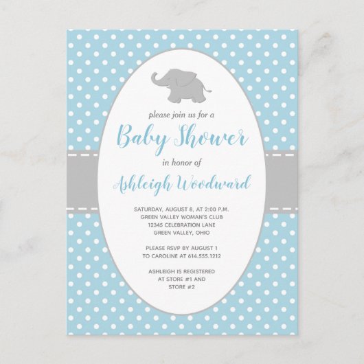 Cute Elephant Blue Polka Dot Boy Baby shower Uitnodiging Briefkaart (Voorkant)