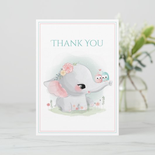 Cute Elephant Blue Roze Baby shower Bedankkaart (Staand voorkant)
