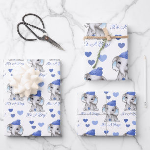 Cute Elephant Blue Winter Baby Boy Shower Inpakpapier Vel