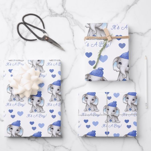 Cute Elephant Blue Winter Baby Boy Shower Inpakpapier Vel (Voorkant)