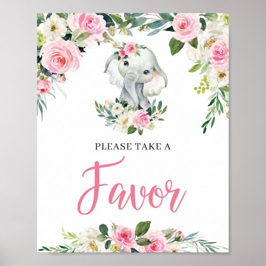 Cute Elephant BLush Floral Baby shower Favors Sign Poster (Voorkant)