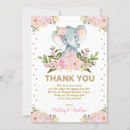 Cute Elephant Blush Pink Gold Floral Baby shower Bedankkaart