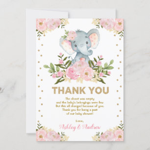 Cute Elephant Blush Pink Gold Floral Baby shower Bedankkaart