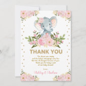 Cute Elephant Blush Pink Gold Floral Baby shower Bedankkaart (Voorkant)