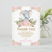 Cute Elephant Blush Pink Gold Floral Baby shower Bedankkaart (Staand voorkant)