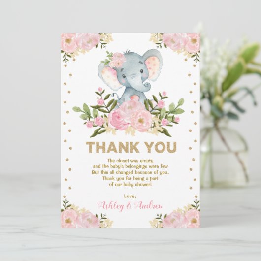 Cute Elephant Blush Pink Gold Floral Baby shower Bedankkaart (Staand voorkant)