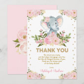Cute Elephant Blush Pink Gold Floral Baby shower Bedankkaart (Voorkant / Achterkant)
