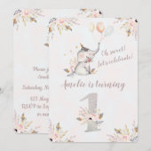 Cute Elephant Boho Floral First Birthday Invite Kaart (Voorkant / Achterkant)