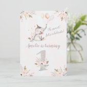 Cute Elephant Boho Floral First Birthday Invite Kaart (Staand voorkant)