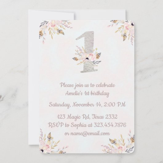 Cute Elephant Boho Floral First Birthday Invite Kaart (Achterkant)