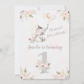 Cute Elephant Boho Floral First Birthday Invite Kaart (Voorkant)