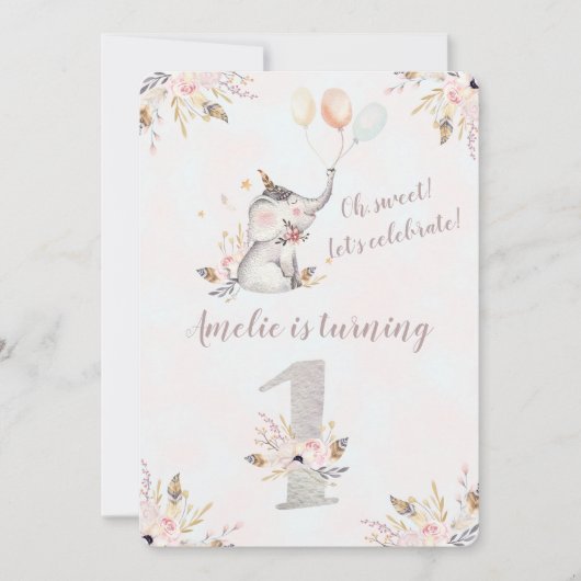 Cute Elephant Boho Floral First Birthday Invite Kaart (Voorkant)