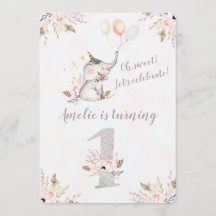 Cute Elephant Boho Floral First Birthday Invite