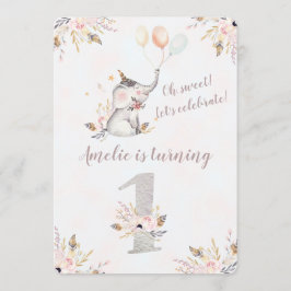 Cute Elephant Boho Floral First Birthday Invite Kaart