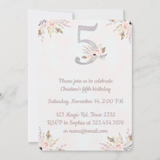 Cute Elephant Boho Floral vijfde verjaardag Uitnod Kaart (Achterkant)
