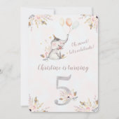 Cute Elephant Boho Floral vijfde verjaardag Uitnod Kaart (Voorkant)