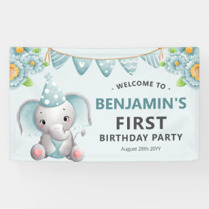 Cute Elephant Boy 1st Birthday Party Banner