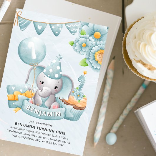 Cute Elephant Boy 1st Birthday Party Kaart
