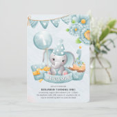 Cute Elephant Boy 1st Birthday Party Kaart (Staand voorkant)