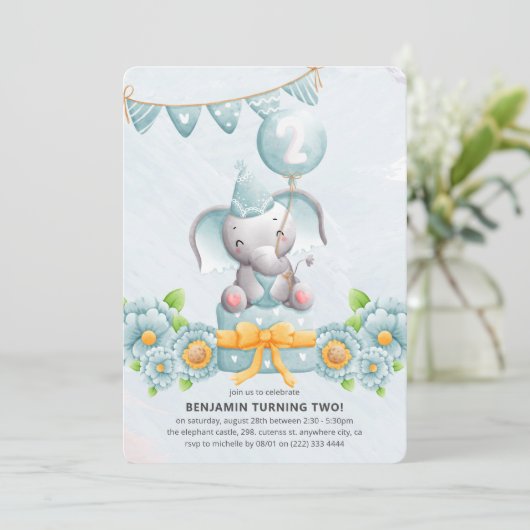 Cute Elephant Boy 2e verjaardag Uitnodiging (Staand voorkant)