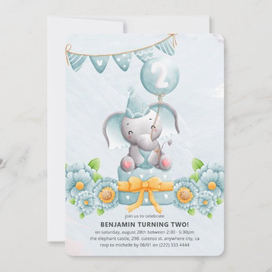 Cute Elephant Boy 2e verjaardag Uitnodiging (Voorkant)