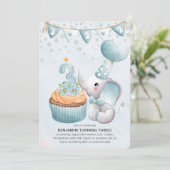 Cute Elephant Boy 3rd Birthday Party Invitation Kaart (Staand voorkant)