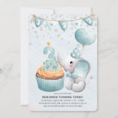 Cute Elephant Boy 3rd Birthday Party Invitation Kaart (Voorkant)