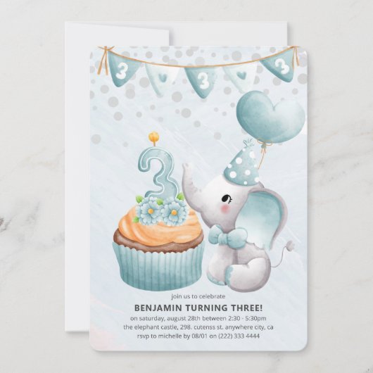 Cute Elephant Boy 3rd Birthday Party Invitation Kaart (Voorkant)