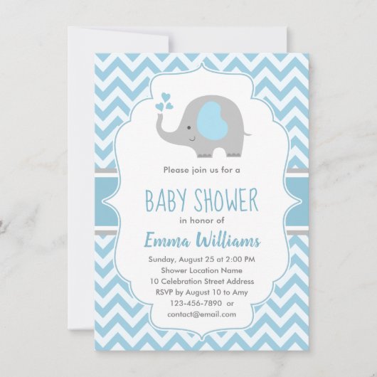 Cute Elephant Boy Baby shower Blue Gray Chevron Kaart (Voorkant)