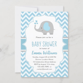 Cute Elephant Boy Baby shower Blue Gray Chevron Kaart