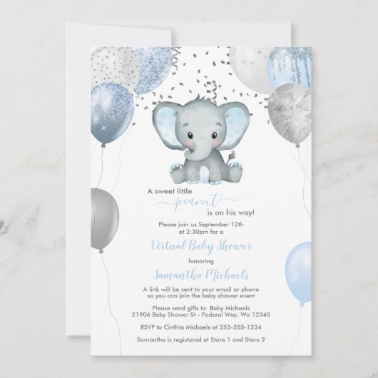 Cute Elephant Boy-ballonnen Virtual Baby shower Kaart (Voorkant)