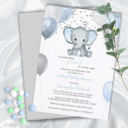 Cute Elephant Boy-ballonnen Virtual Baby shower Kaart