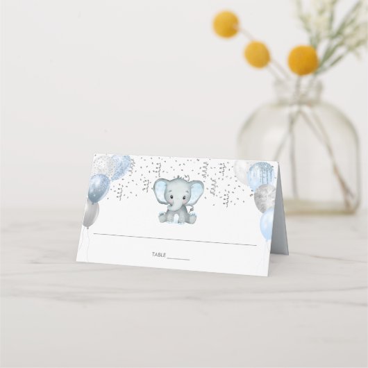 Cute Elephant Boy Balloons Baby shower Guest Name Plaatskaartje (Achterkant)