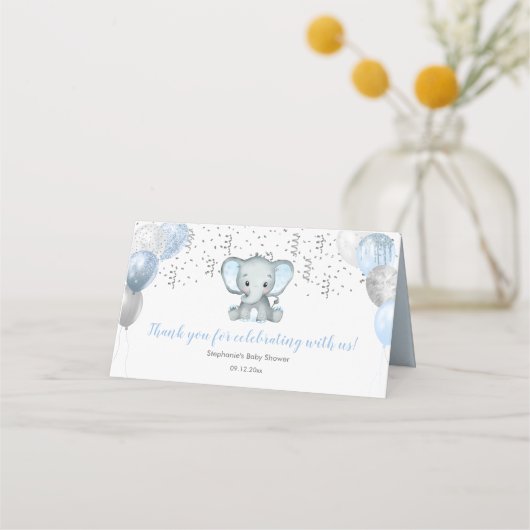 Cute Elephant Boy Balloons Baby shower Guest Name Plaatskaartje (Voorkant)