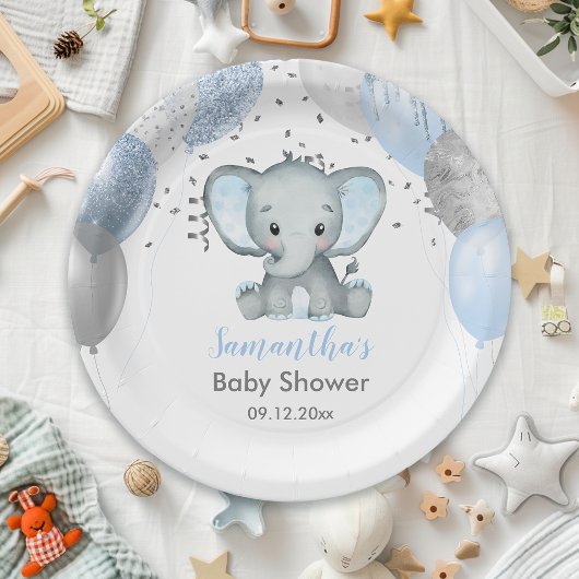 Cute Elephant Boy Balloons Baby shower Papieren Bordje