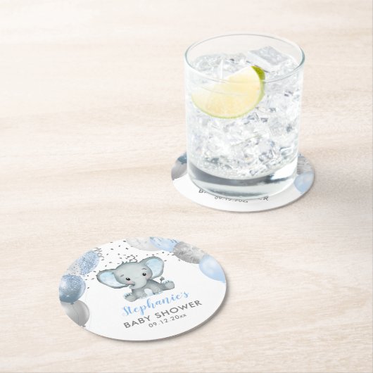 Cute Elephant Boy Balloons Baby shower Ronde Kartonnen Onderzetter (Insitu)