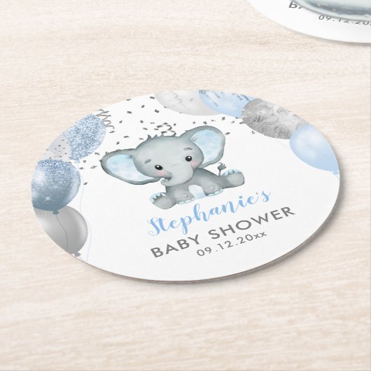 Cute Elephant Boy Balloons Baby shower Ronde Kartonnen Onderzetter (Gebogen)