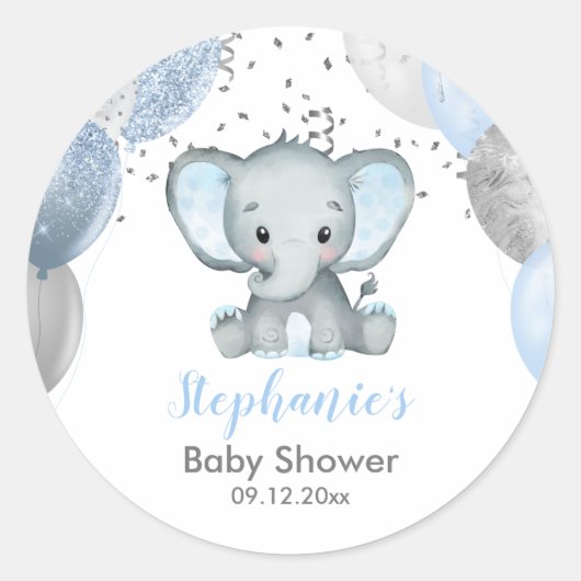 Cute Elephant Boy Balloons Baby shower Ronde Sticker (Voorkant)
