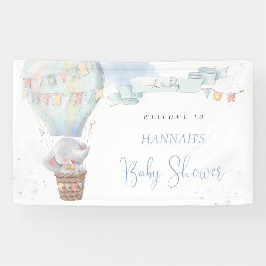Cute Elephant Boy Blue Baby shower Banner (Horizontaal)