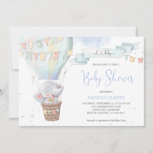 Cute Elephant Boy Blue Hot Air Ballon Baby shower Kaart (Voorkant)