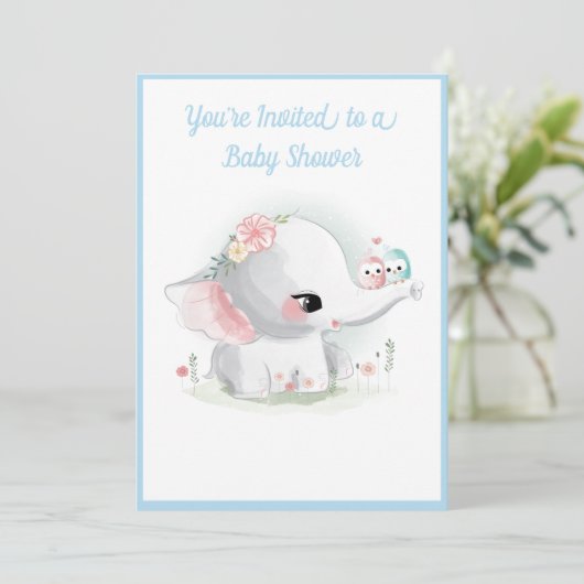 Cute Elephant Boy Blue Script Modern Baby shower Kaart (Staand voorkant)