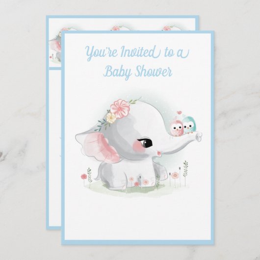 Cute Elephant Boy Blue Script Modern Baby shower Kaart (Voorkant / Achterkant)