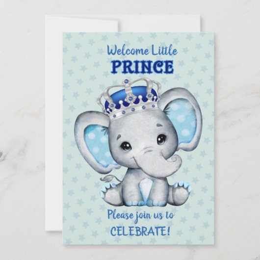 Cute Elephant Boy Prince Baby shower Uitnodiging (Voorkant)