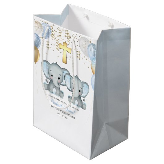 Cute Elephant Boys Baptisme Medium Cadeauzakje (Achterkant Gekanteld)